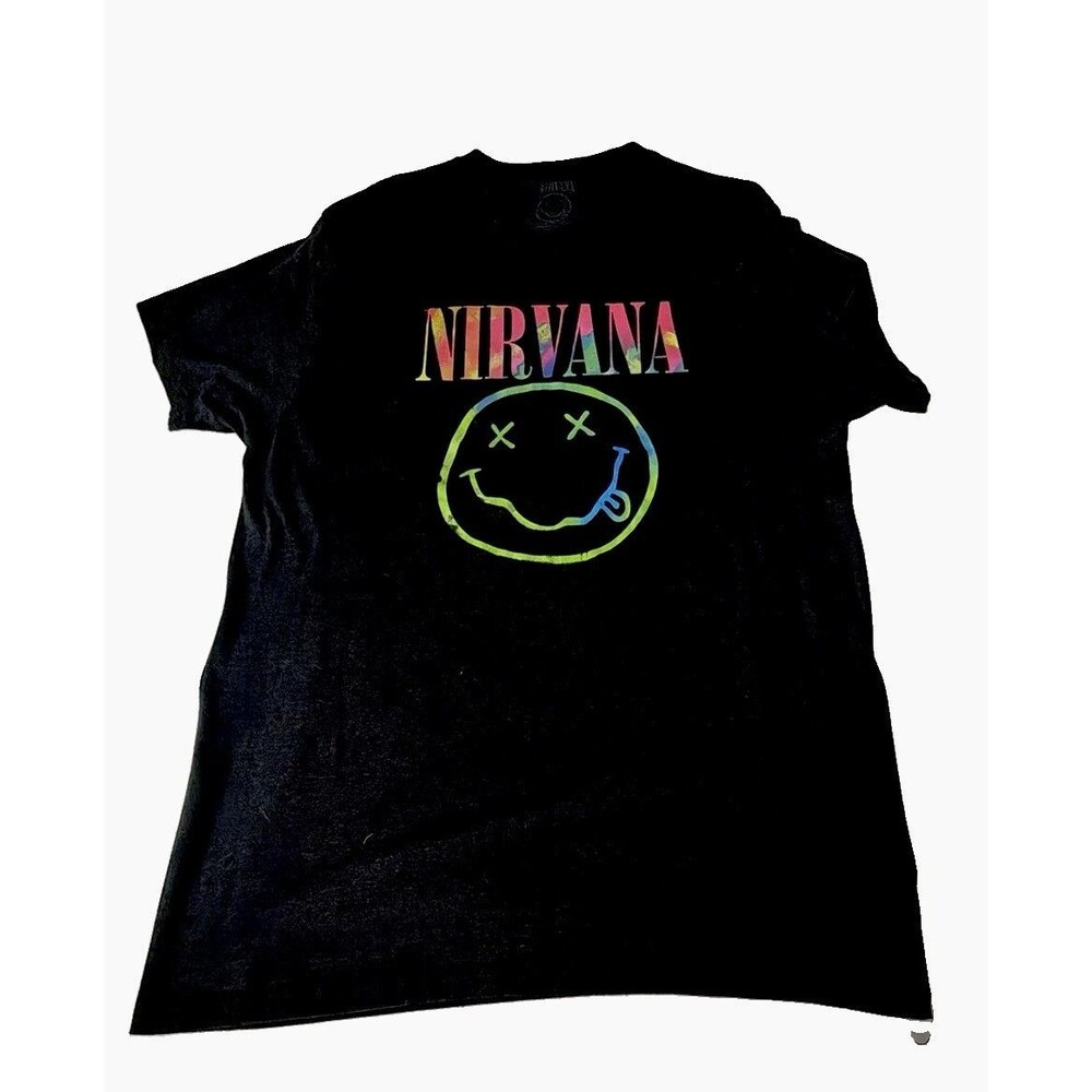 Nirvana Black Graphic T-Shirt Rainbow Logo Smiley Face Short Sleeve 2XL